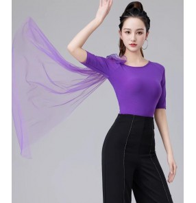 Violet black flowy ballroom latin dance tops for women girls waltz tango flamenco chacha rumba latin practice dancing shirt blouses